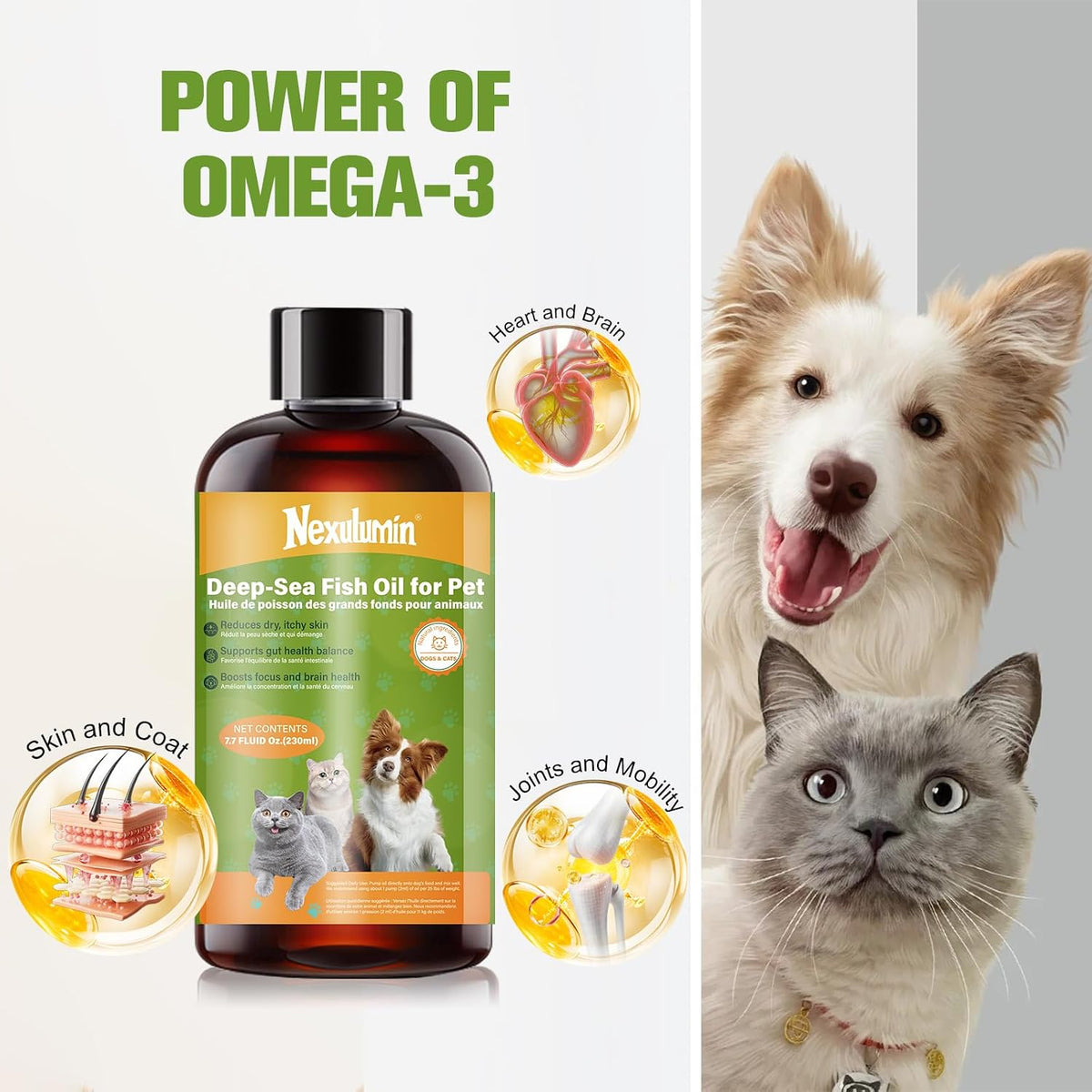 Natural Omega 3 liquid pet food supplement for dog and cat skin care