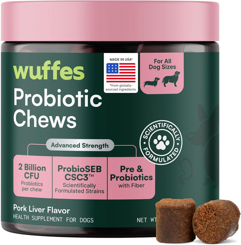 Wuffes Daily Probiotic for Dogs soft chews bottle front view