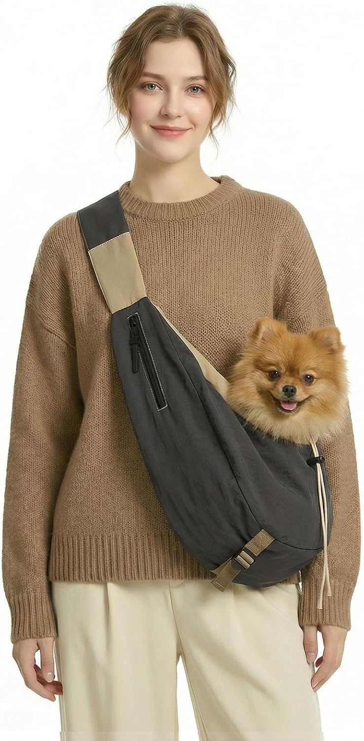 Dog Carrier Sling for Small Dogs/Cats Up to 15 lbs - Multi-Pocket Oxford Pet Sling Carrier Bag with Adjustable Strap (Beige) - Image 10