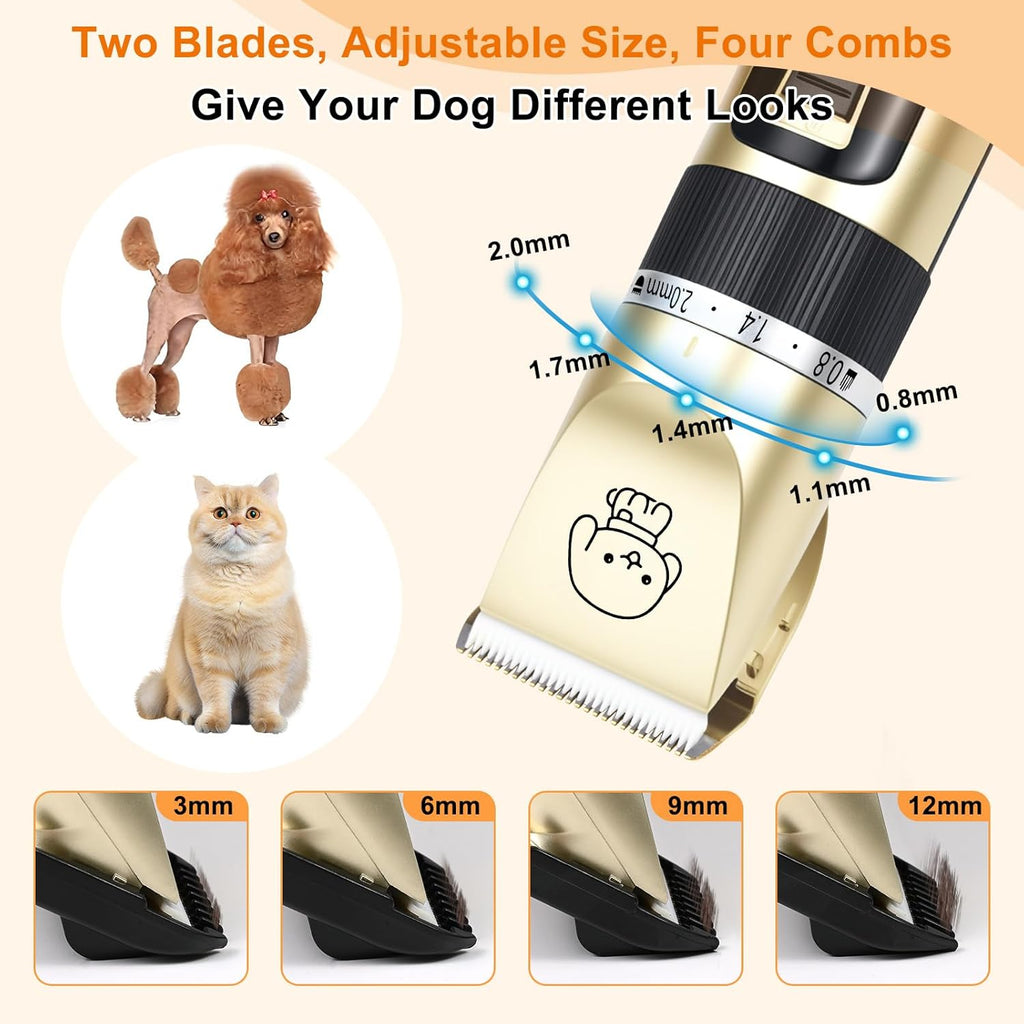 Rechargeable pet hair trimmer kit displayed with its four length-adjusting guide combs, nail clipper, file, and flat comb accessories.