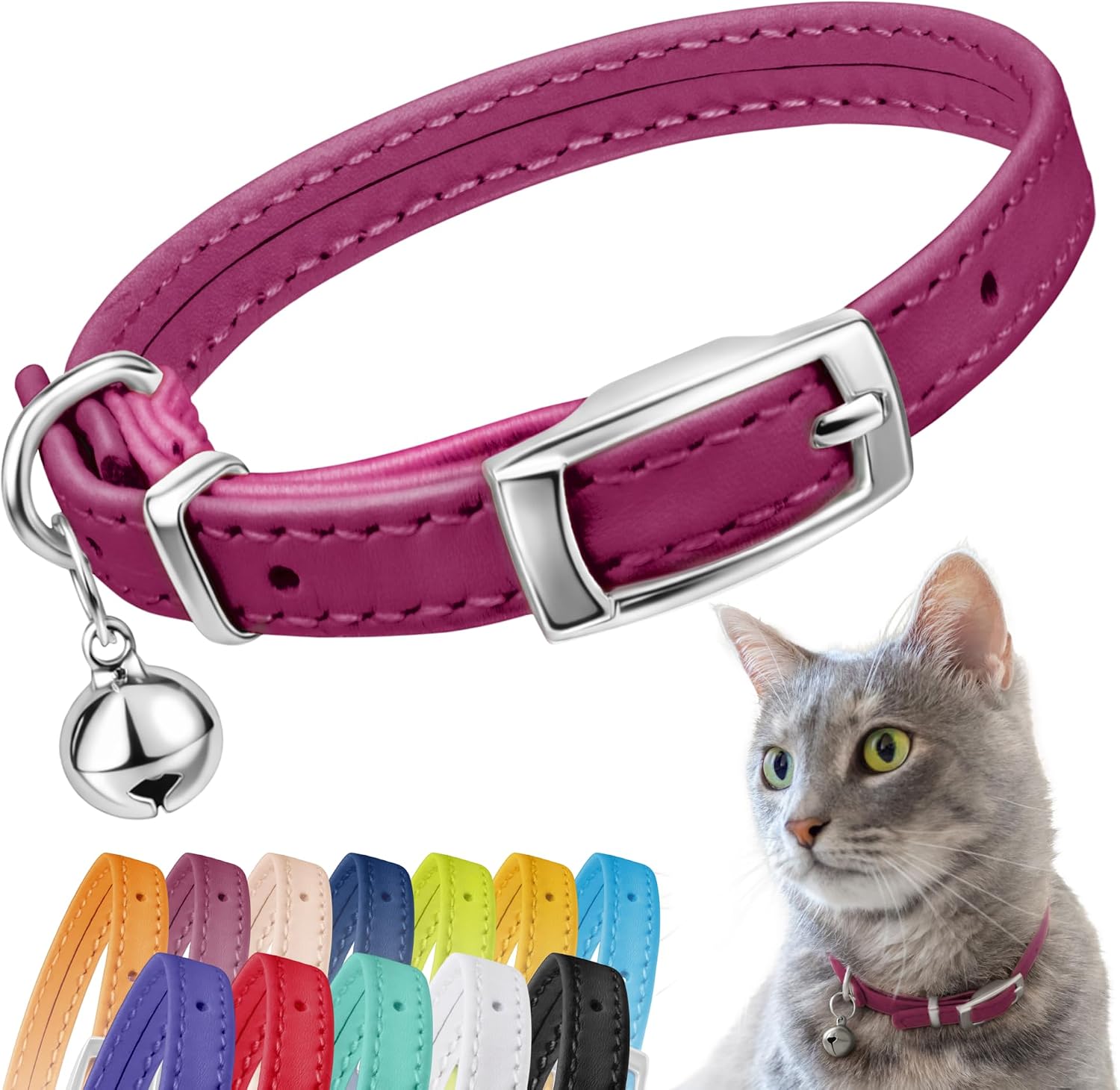 Breakaway alternative flexible elastic strap detailed view on genuine leather collar
