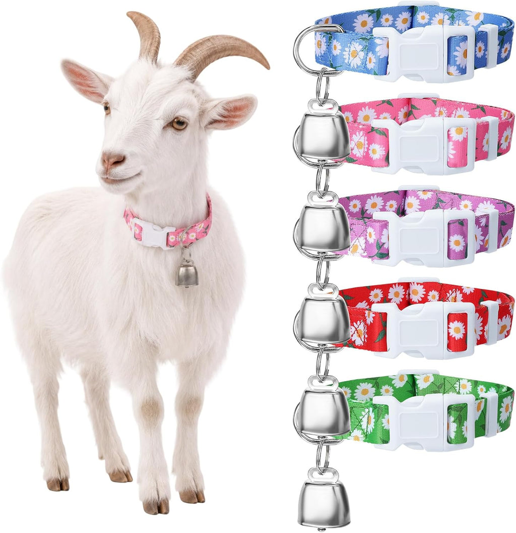Guiqulai 5 Pack Floral Goat Collars with Bells front view showing five distinct colorful flower pattern neck belts with bronze grazing bells.