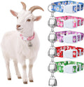 Guiqulai 5 Pack Floral Goat Collars with Bells front view showing five distinct colorful flower pattern neck belts with bronze grazing bells.