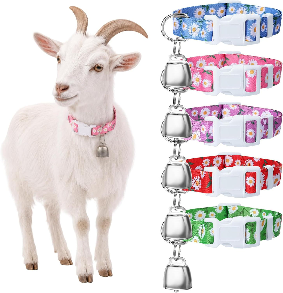 Guiqulai 5 Pack Floral Goat Collars with Bells front view showing five distinct colorful flower pattern neck belts with bronze grazing bells.