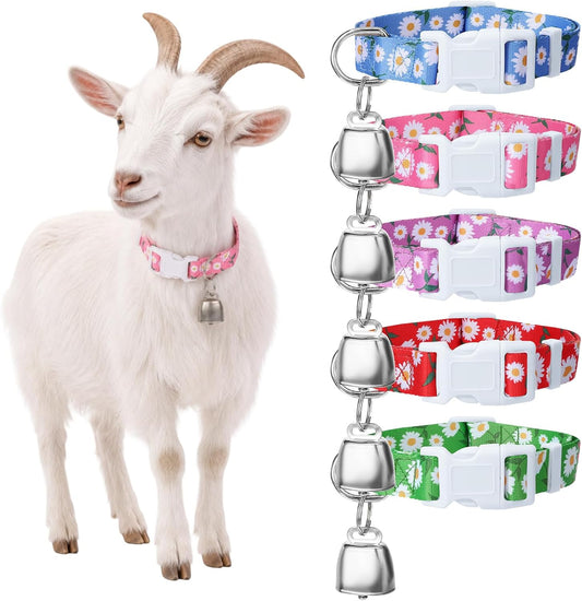 Guiqulai 5 Pack Floral Goat Collars with Bells front view showing five distinct colorful flower pattern neck belts with bronze grazing bells.