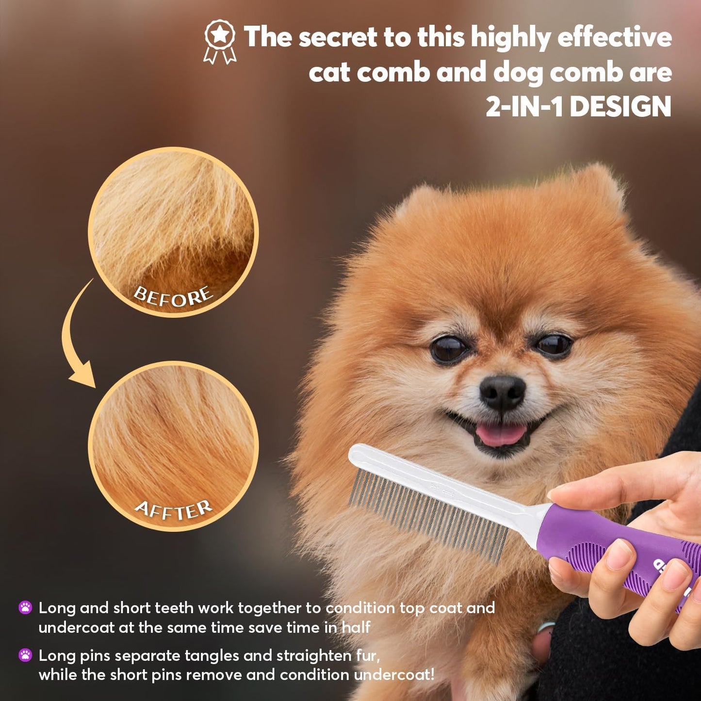 Shopping GD dematting comb being used gently on a long-haired dog coat to clear matted fur.