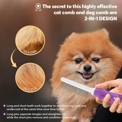 Shopping GD dematting comb being used gently on a long-haired dog coat to clear matted fur.