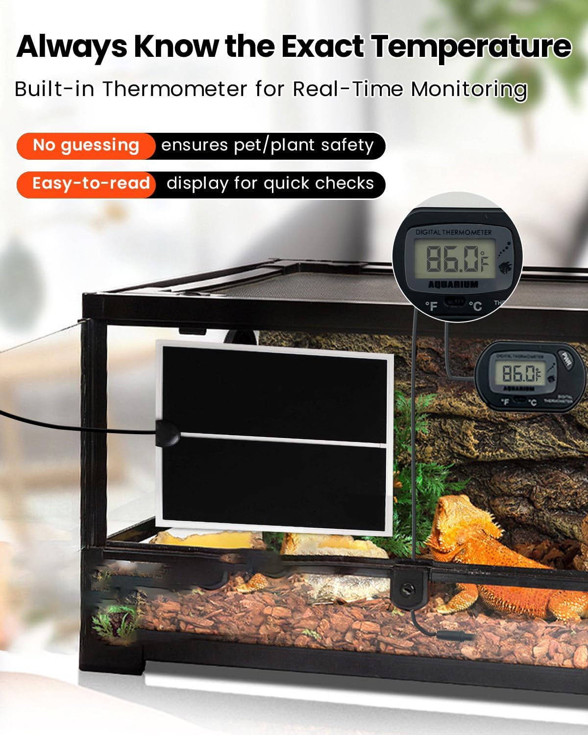 MQ reptile heat mat placed under a glass terrarium
