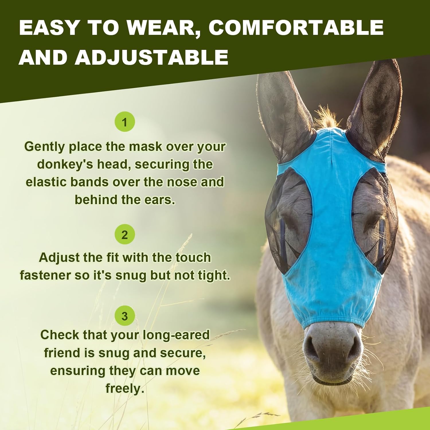 Side view of Yeyeplum donkey fly mask on a donkey