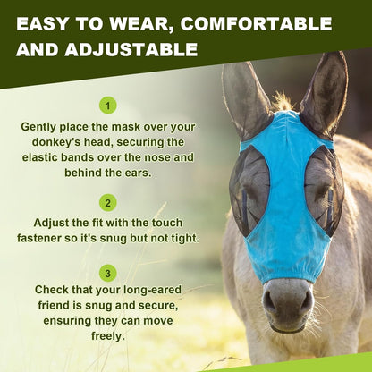 Side view of Yeyeplum donkey fly mask on a donkey