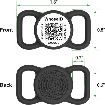 WhoseID smart pet identification tag being tapped by a smartphone using advanced NFC technology for instant owner contact retrieval.