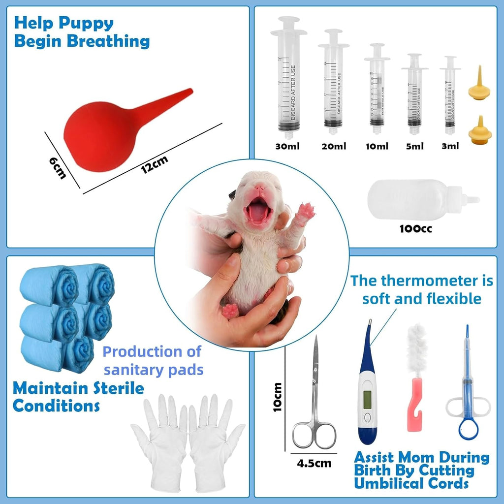 Ywingda canine birthing essentials kit displaying silicone newborn feeding bottles and syringe components.