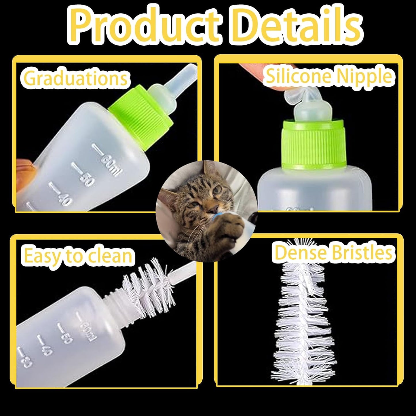 60ml Newborn Pet Feeding Bottle Kit | Puppy Kitten Nursing Bottles with 10 Silicone Nipples, Cleaning Brushes & Nipple Puncher | Anti-Choke Milk Feeder for Small Animals - Image 3
