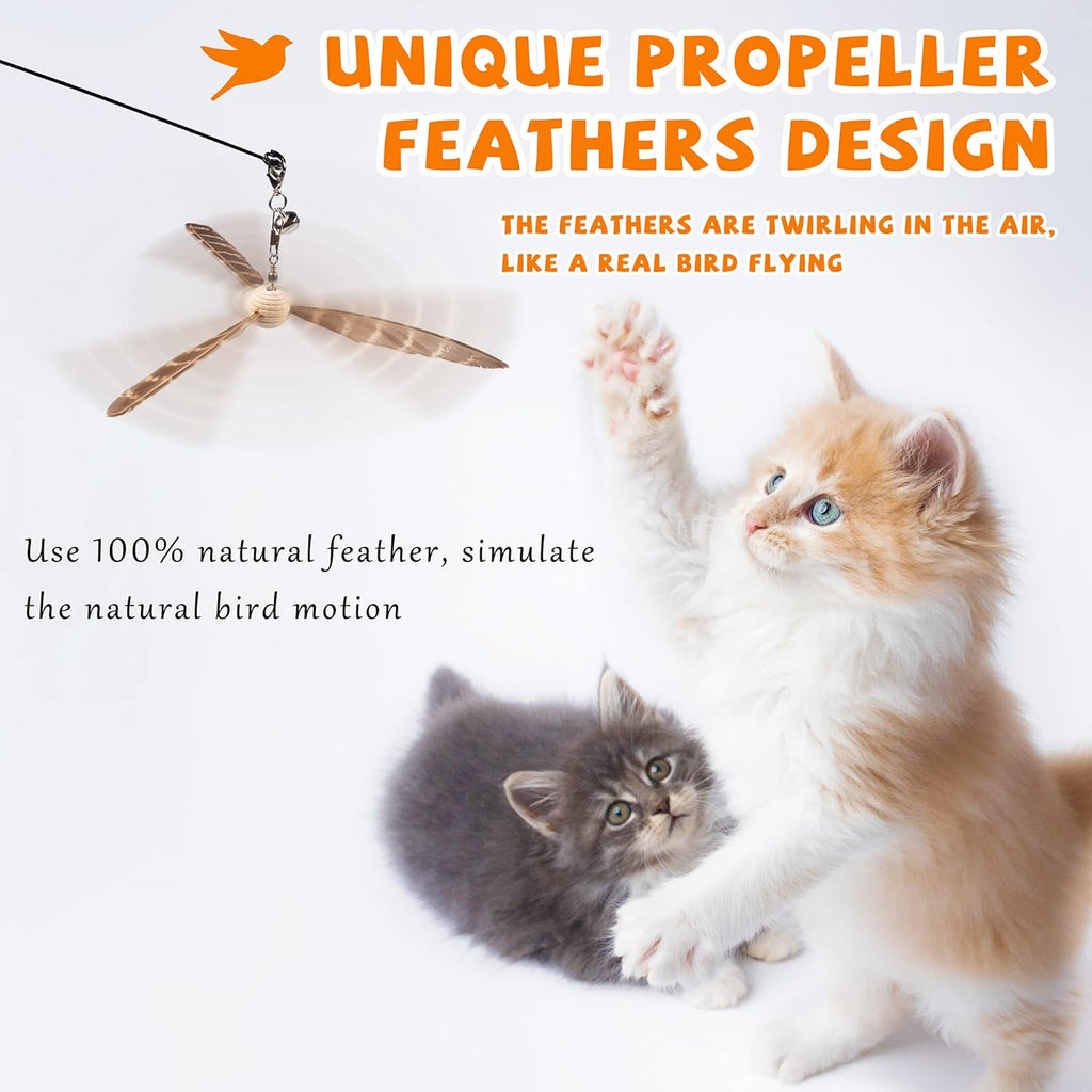 Interactive cat teaser wand with natural feather refills and bell attachment