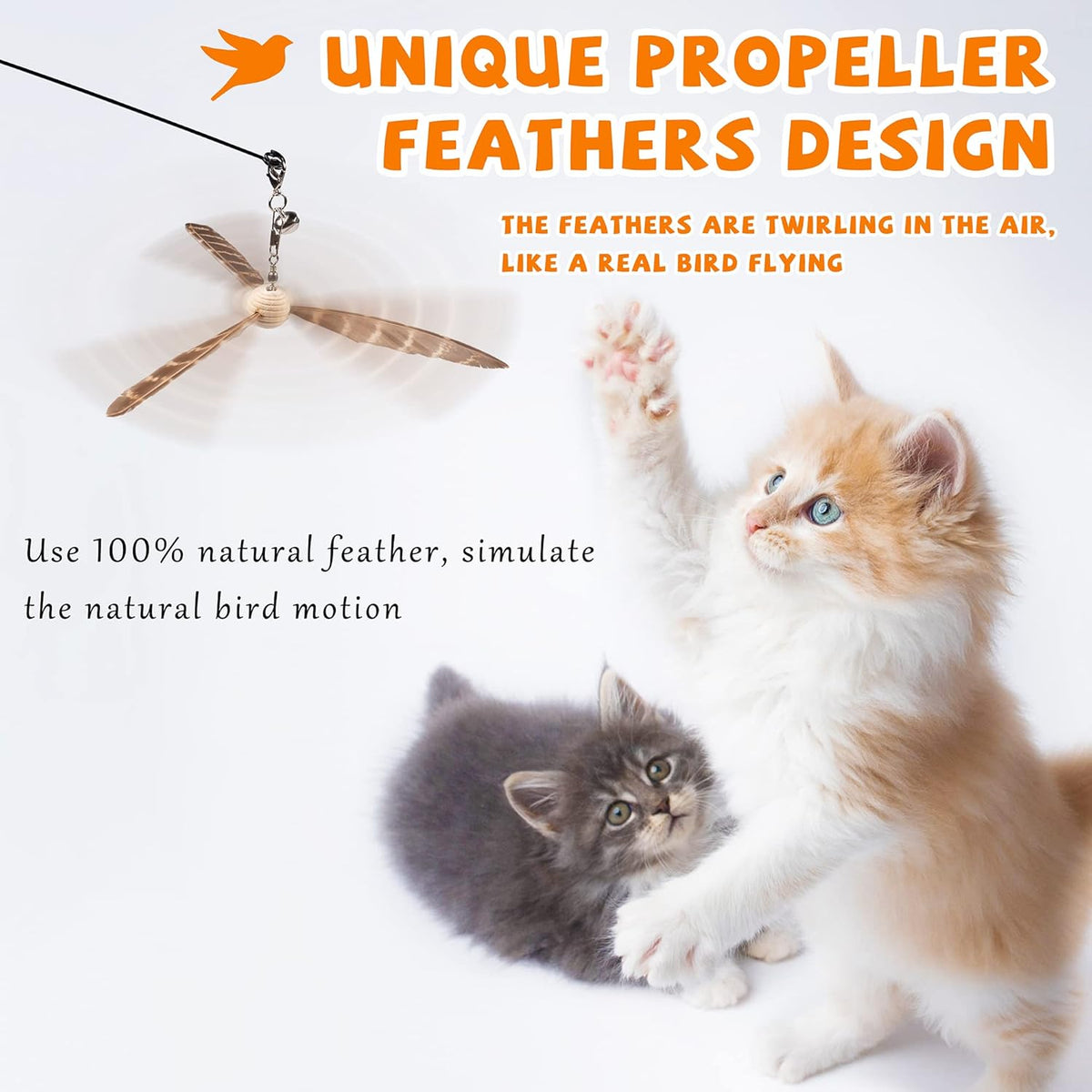 Interactive cat teaser wand with natural feather refills and bell attachment