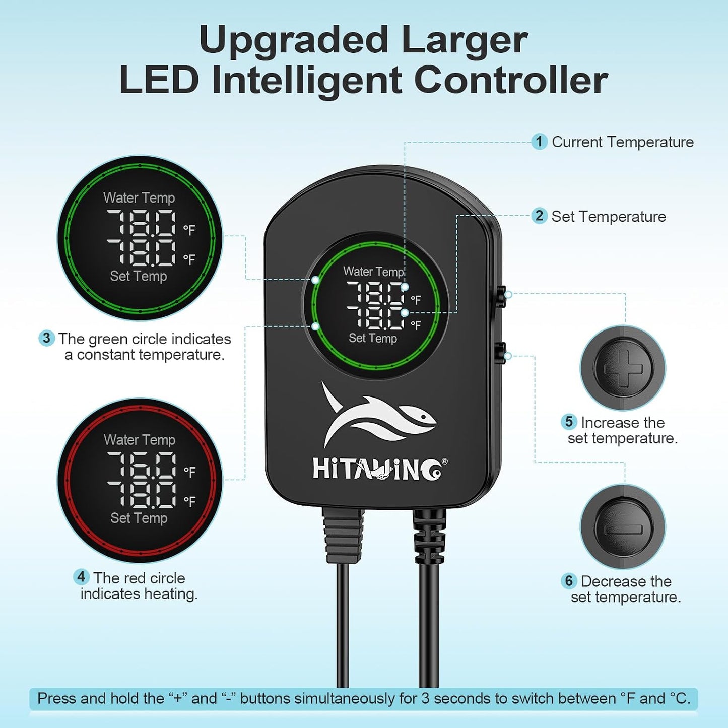 Close up of HiTauing aquarium heater digital temperature controller