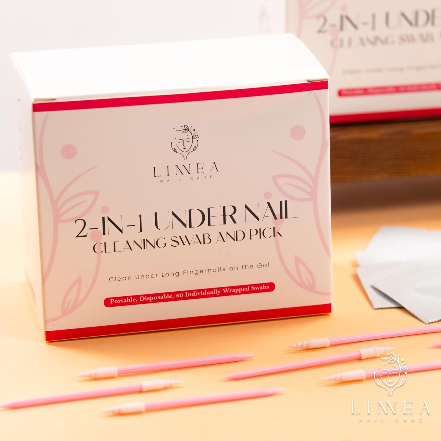 Linnea Nail Care Under Nail Cleaning Swab and Picks front view of the packaging box.