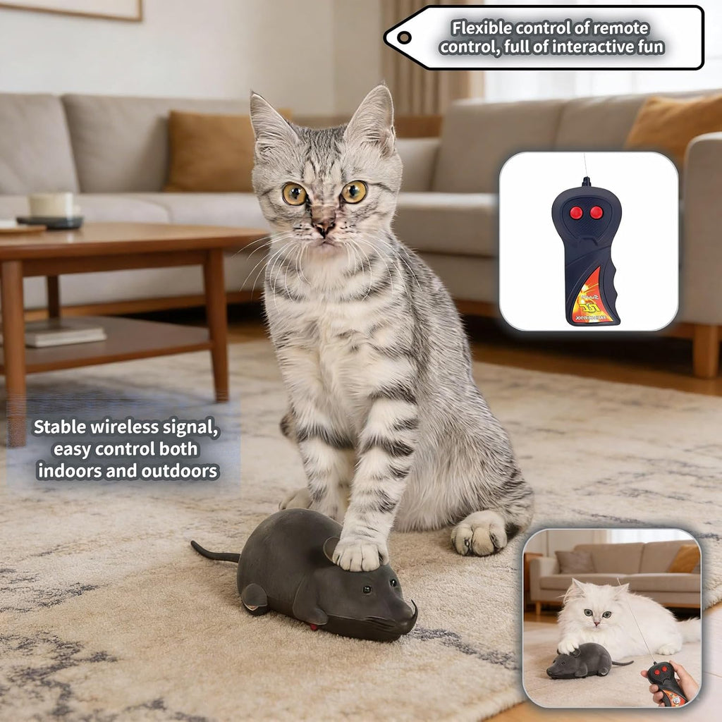 Indoor pet chasing the TEHAUX remote control mouse toy across a tiled floor
