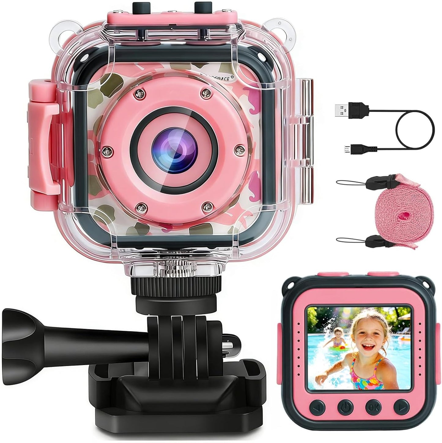PROGRACE kids underwater camera front view in pink waterproof case
