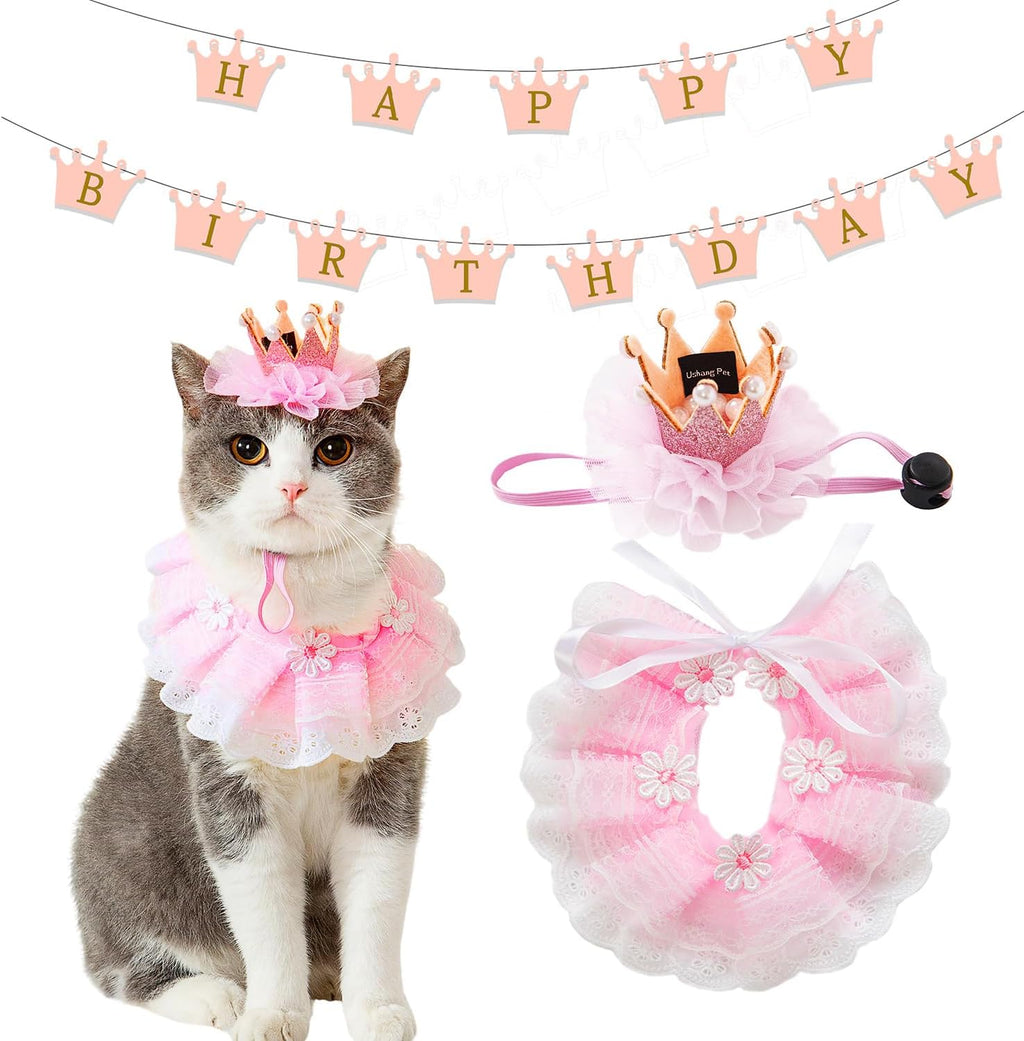 Cat Princess Costumes Cat Crown Hat & Lace Bandana Scarf Set, Puppy Party Hat for Small Dogs & Cats, Lace Outfit for Cats and Small Dogs Birthday Party (Pink) - Image 10