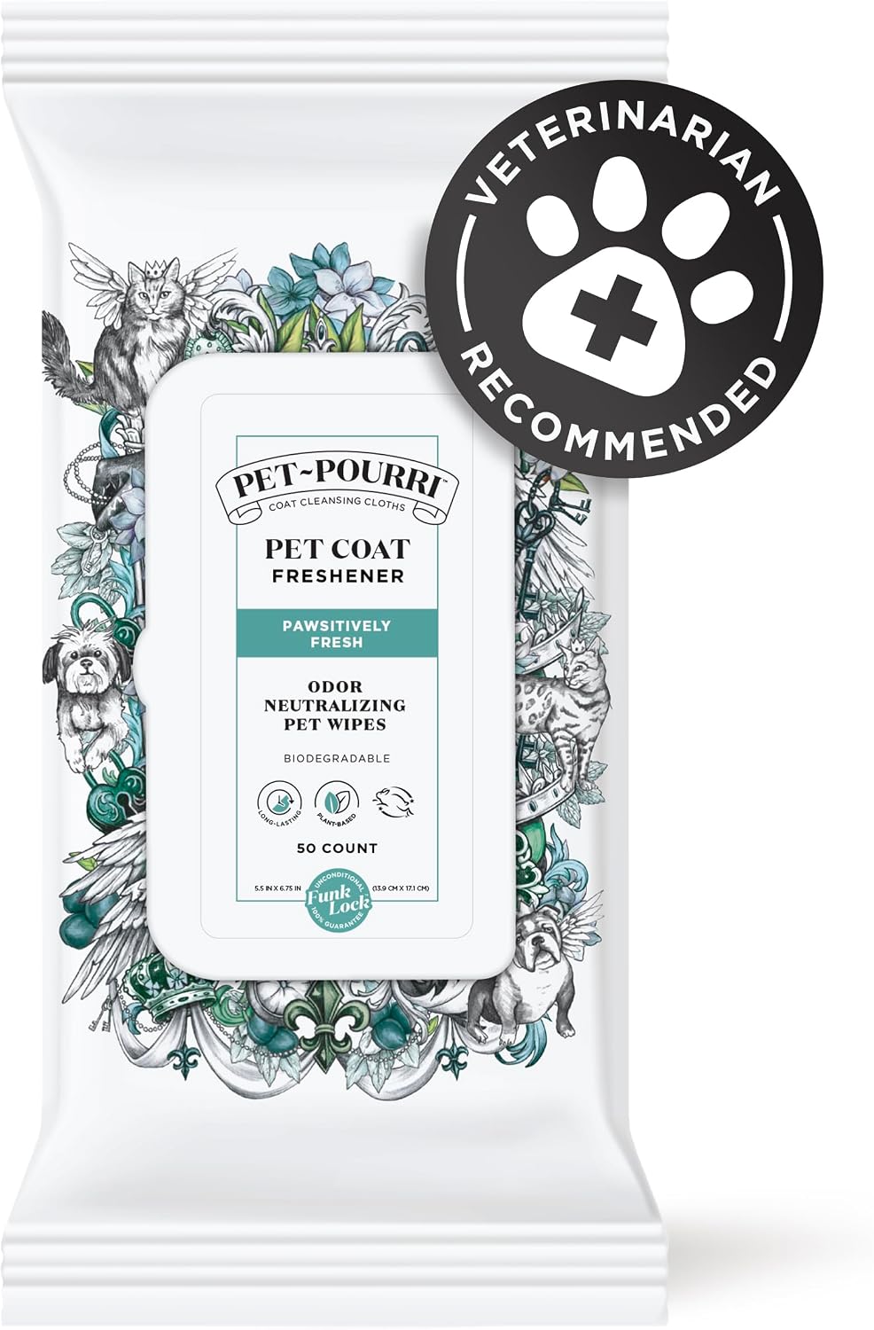 Pet-Pourri odor eliminating wipes pack highlighting the fifty count plant based formula.