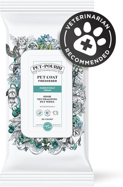 Pet-Pourri odor eliminating wipes pack highlighting the fifty count plant based formula.