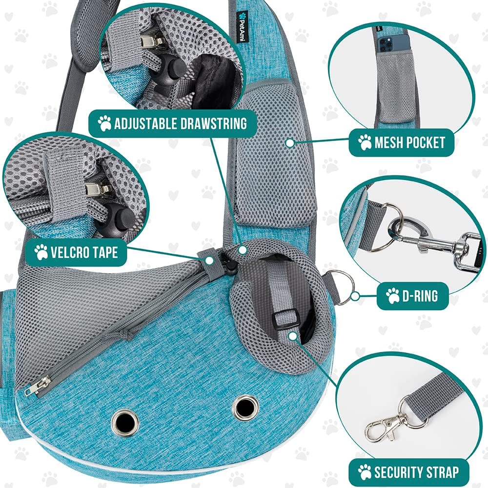 Side view of PetAmi puppy carrier purse with strap detail