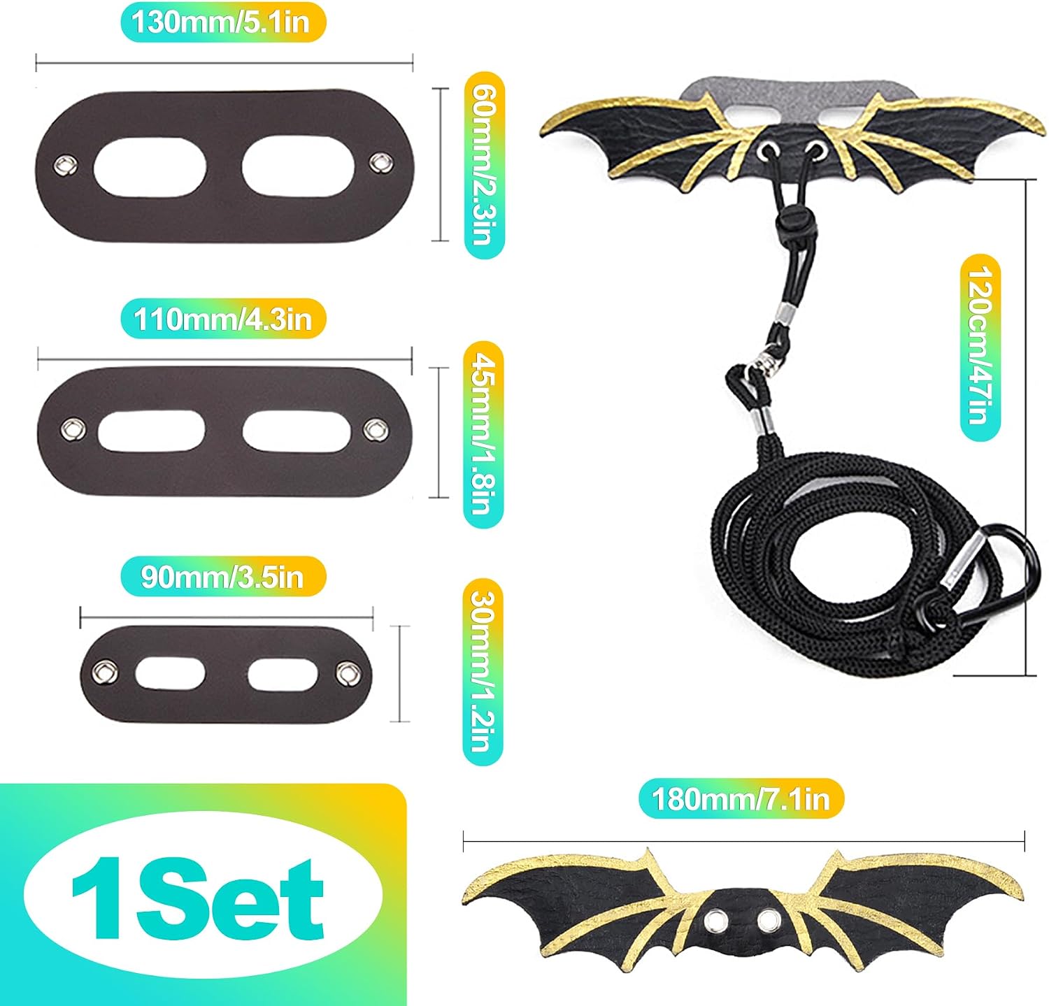 Three sizes of adjustable reptile leather harness plates showing small medium and large options