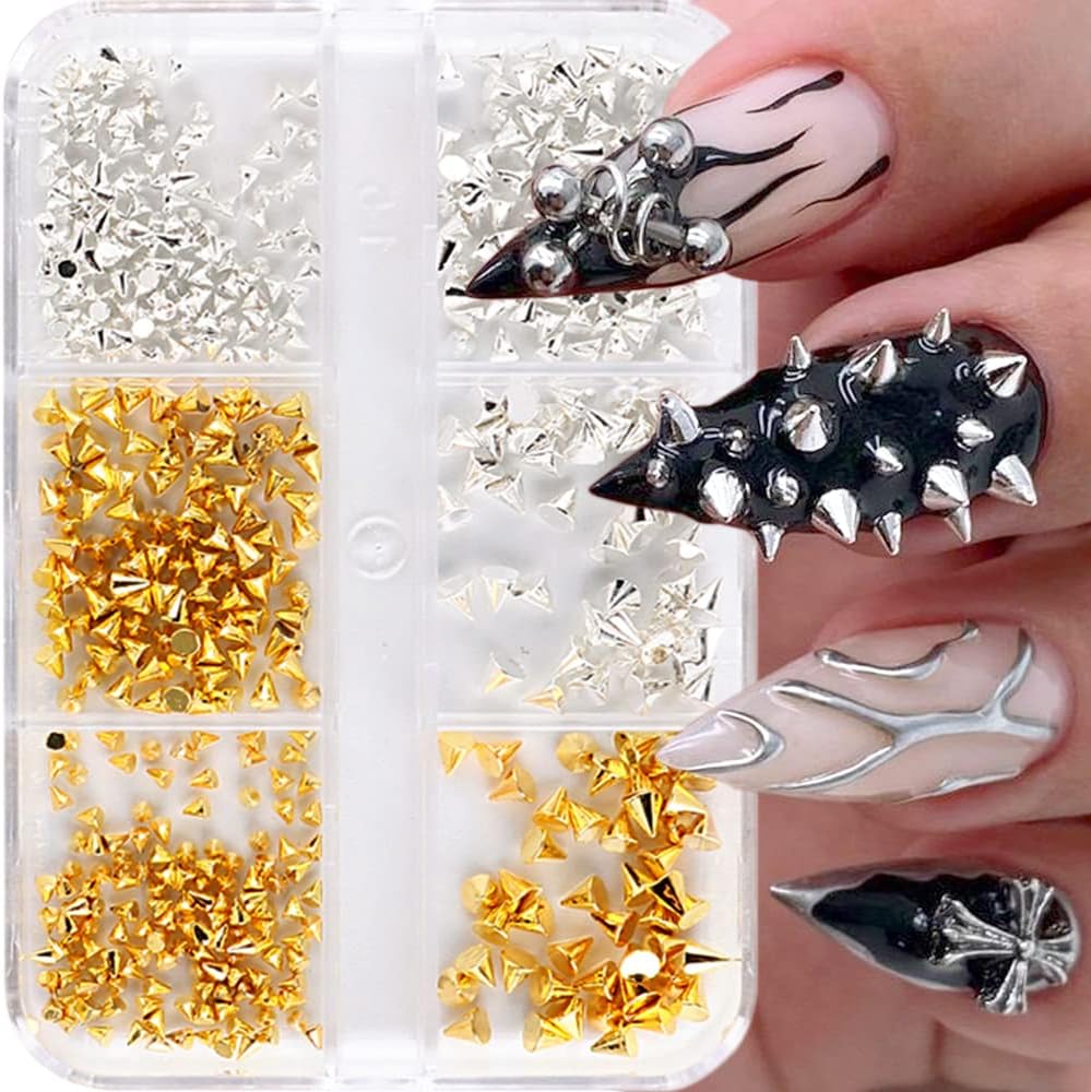 Jaliya mini metal rivet punk nail charms front view of six grid box containing gold and silver cone spikes