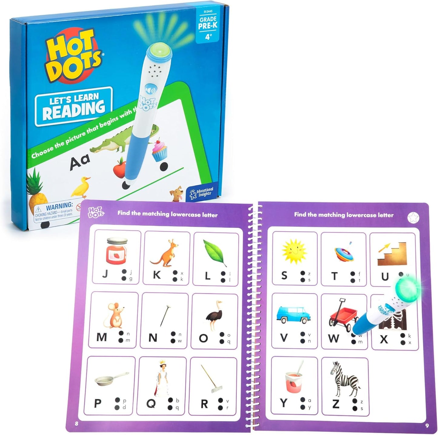 Educational Insights Hot Dots Let's Learn Pre-K Reading workbook set front view with interactive electronic pen