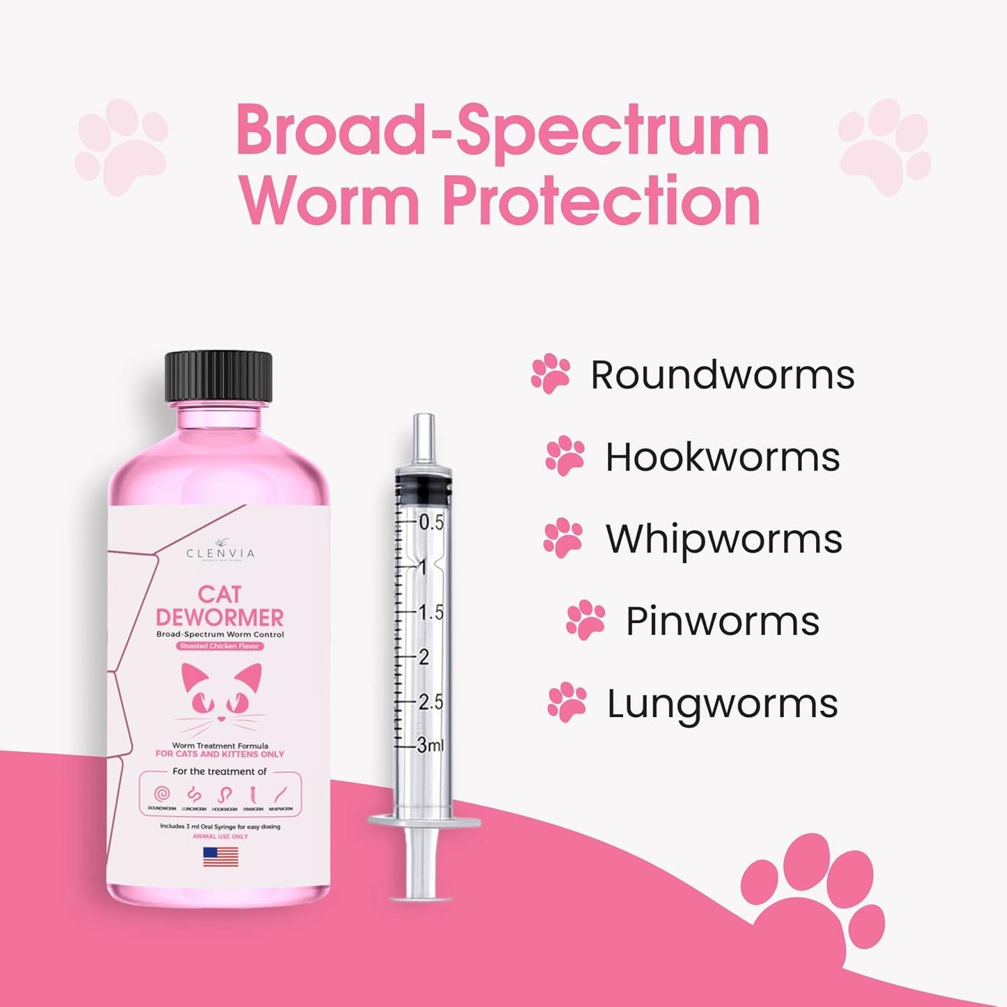 Roasted chicken flavor liquid worm treatment for cats and kittens oral formula.