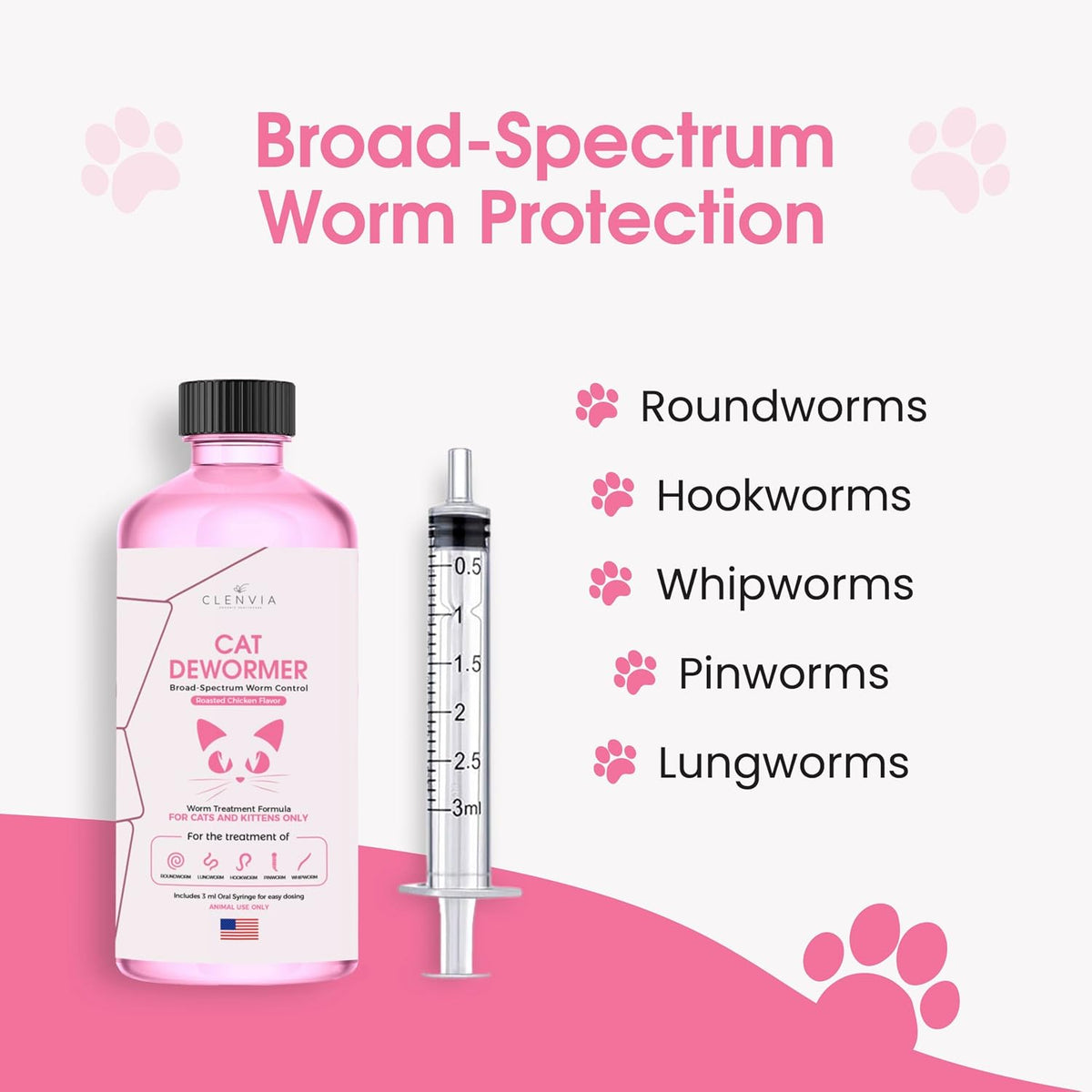 Roasted chicken flavor liquid worm treatment for cats and kittens oral formula.
