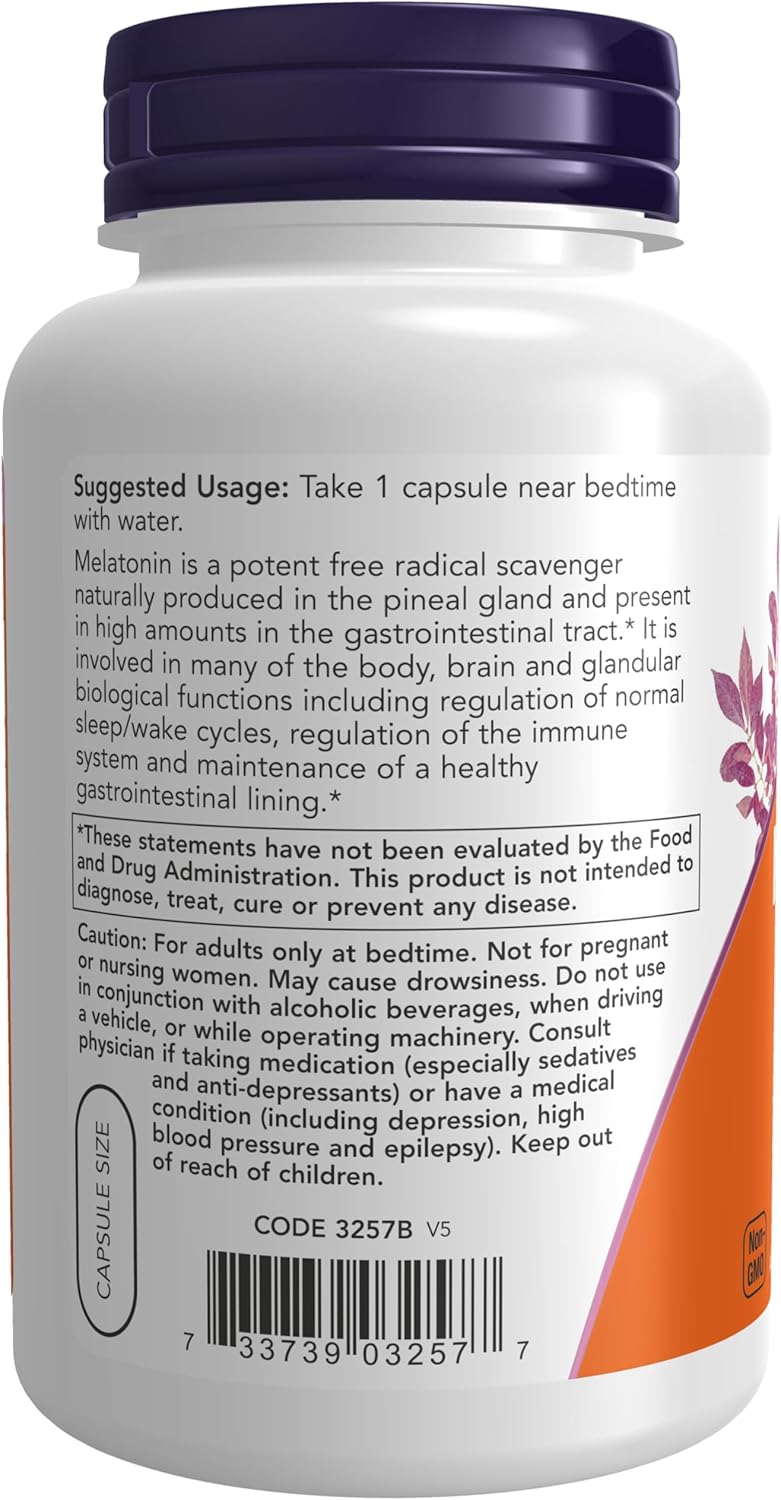 Side angle of Now Foods Melatonin 3mg showing vegetarian product certification and clean ingredients.