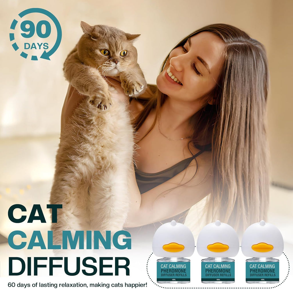 Three calming pheromone refill vials and plug-in diffuser heads for cats