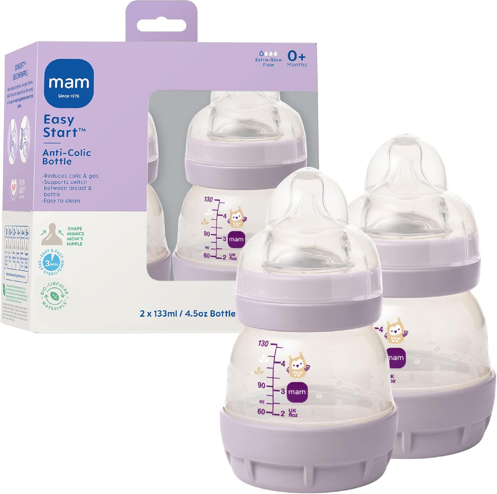 MAM Easy Start Anti Colic Wide Neck Vented Baby Bottle front view showing extra slow flow nipple