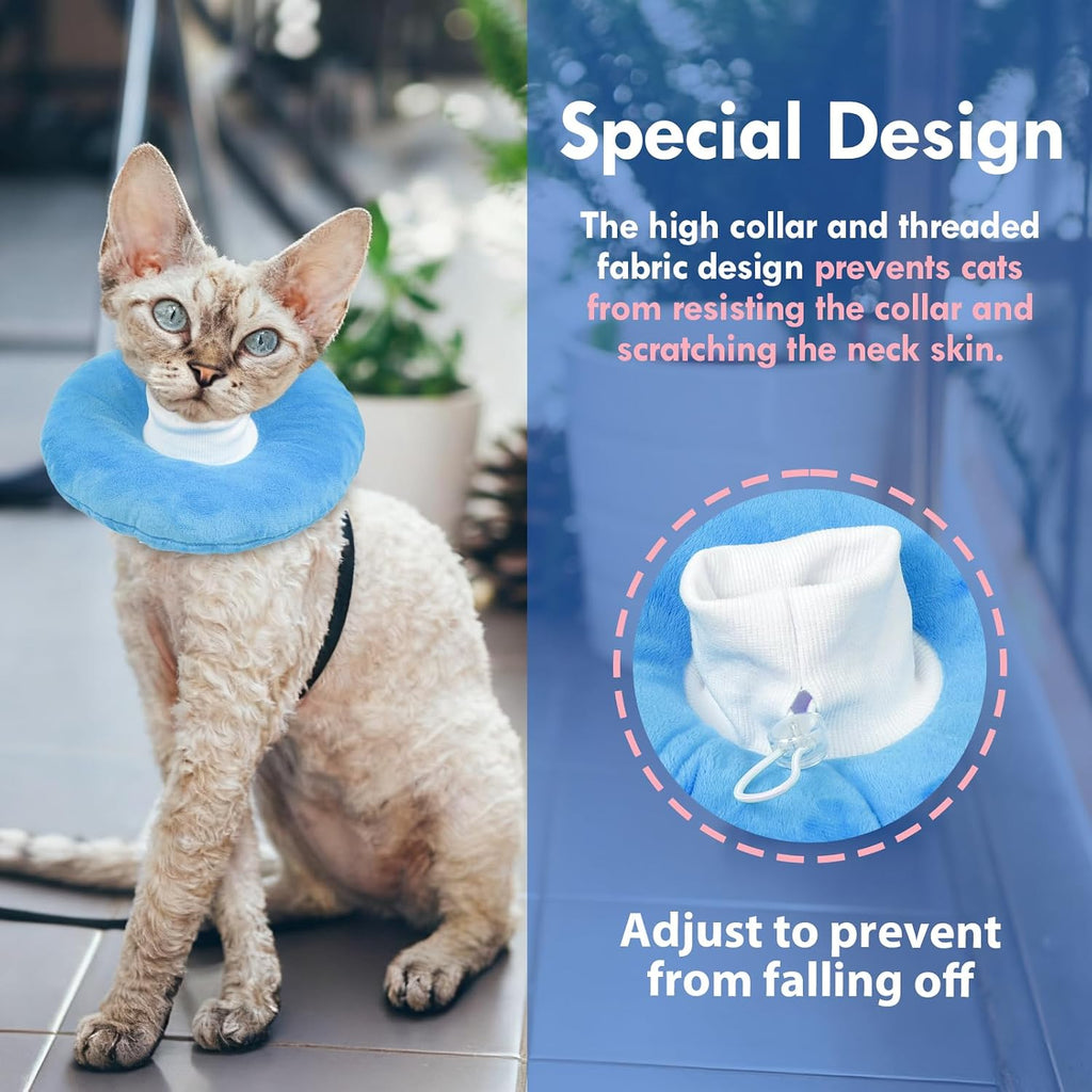 Adjustable fabric elizabethan collar for small cats showing drawstring toggle