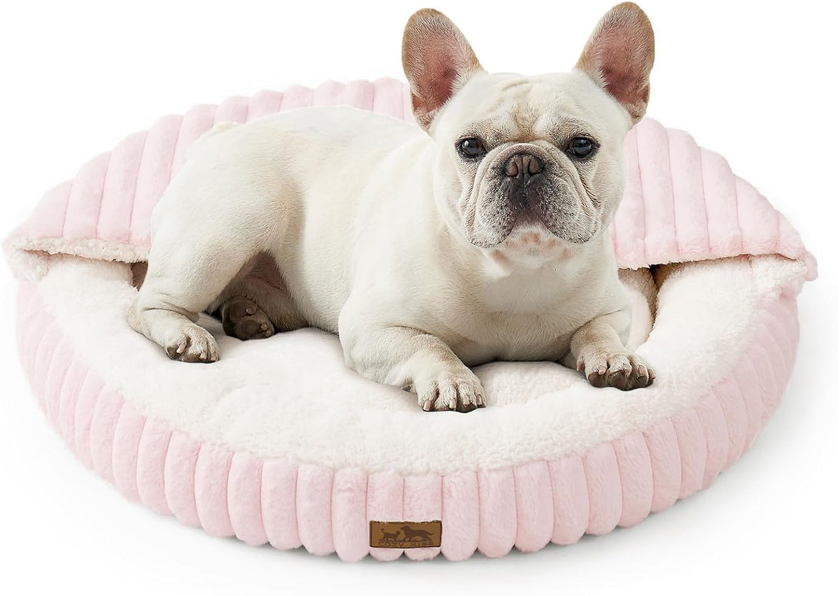 COZY KISS Hooded Blanket Cat Bed - 20"x20" Round Fluffy Donut Cuddler for Cats & Toy Dogs, Anti-Anxiety Faux Fur Pet Bed, Machine Washable with Non-Slip Bottom, Cream - Image 12