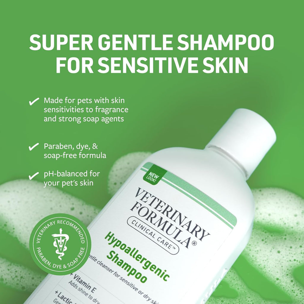 Veterinary Formula pet shampoo bottle back label with ingredients