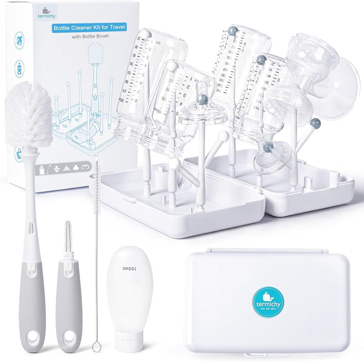 Termichy 6-in-1 travel bottle cleaning kit with drying rack
