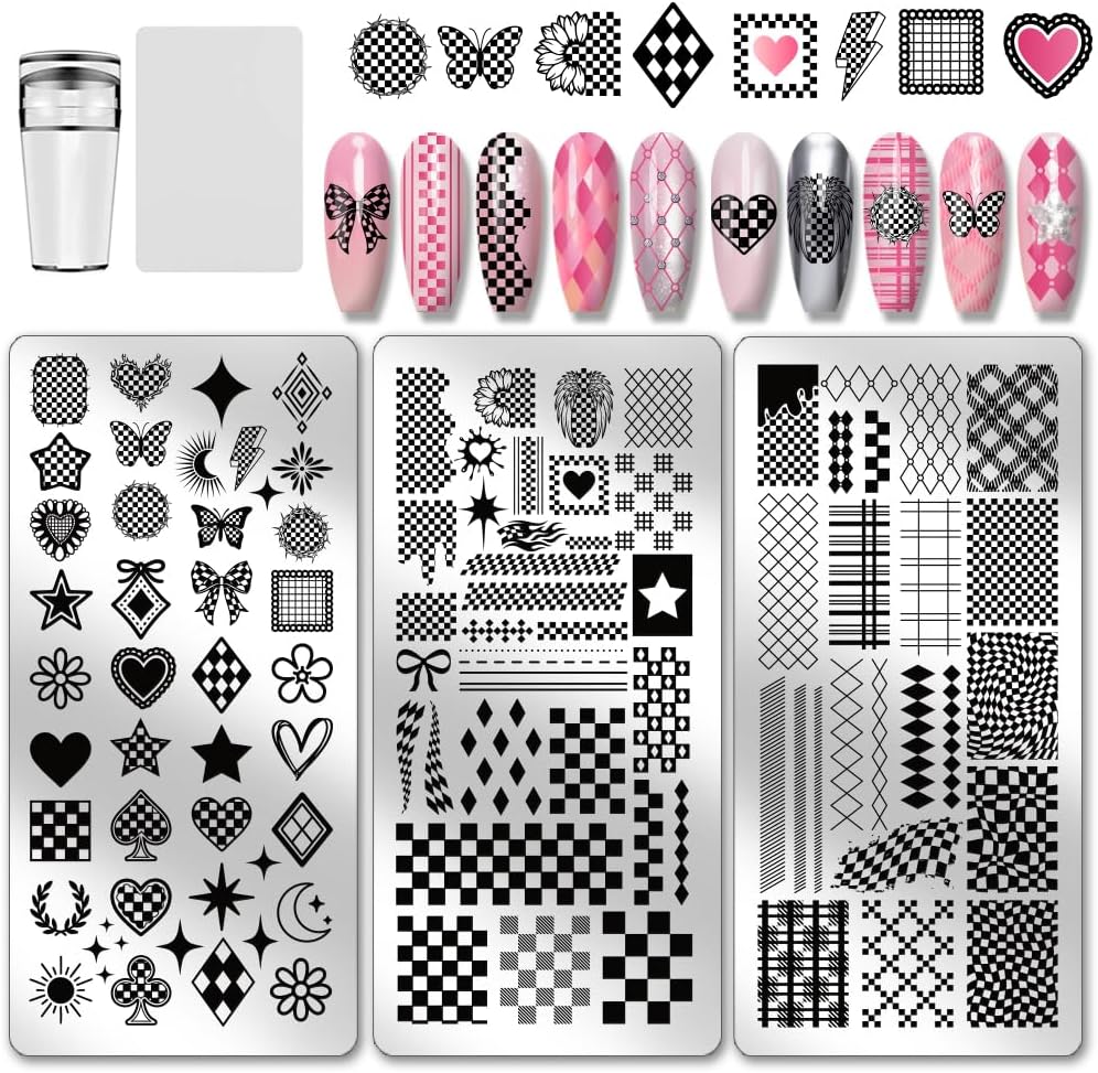 PH PandaHall Plaid Nail Stamping Plates front view showcasing three distinct stainless steel geometric templates.