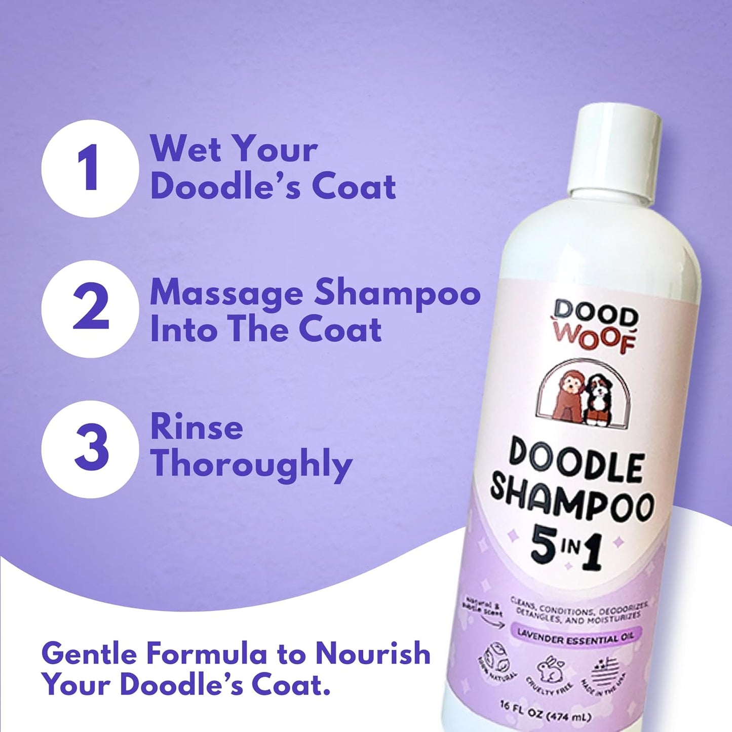 Gentle lavender scented puppy shampoo bottle demonstrating 16 fluid ounce packaging size.