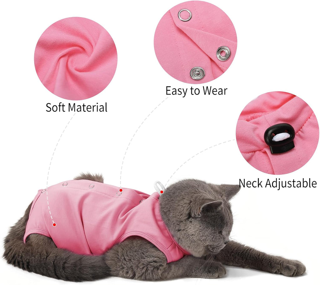 Cat wearing Heywean pink recovery suit side profile