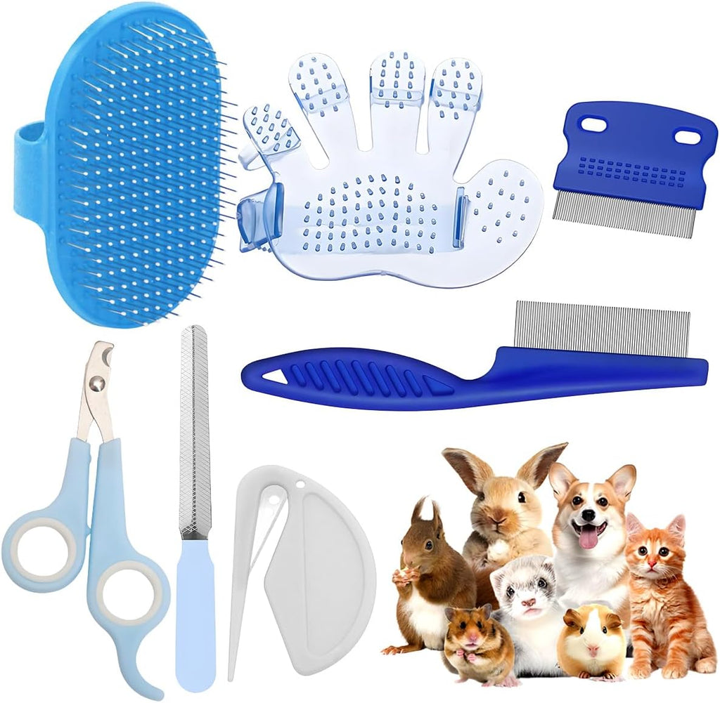 Patelai rabbit grooming kit blue color six piece set front view including shedding brush and nail clippers