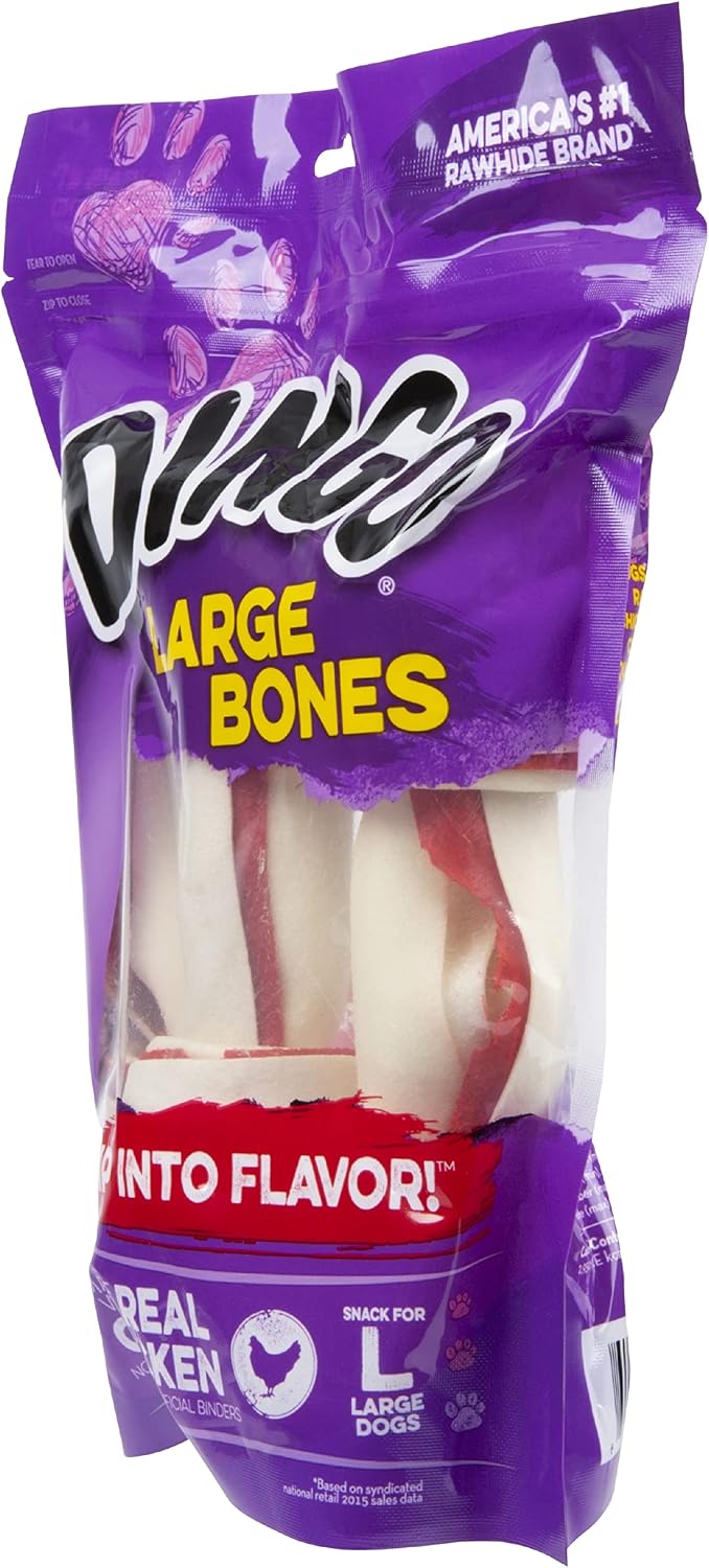 Authentic Dingo large chicken flavored dog chew bones 3 pack side profile view