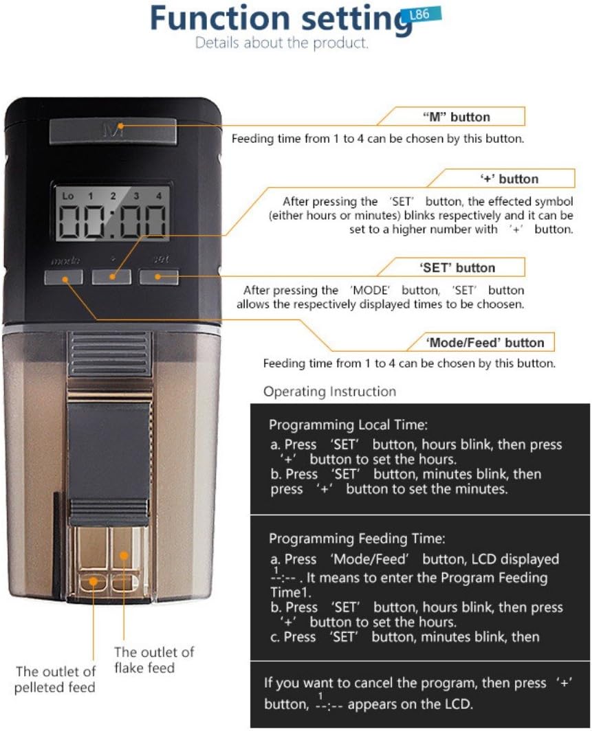 Londafish battery operated aquarium timer feeder demonstrating flake and pellet food compatibility