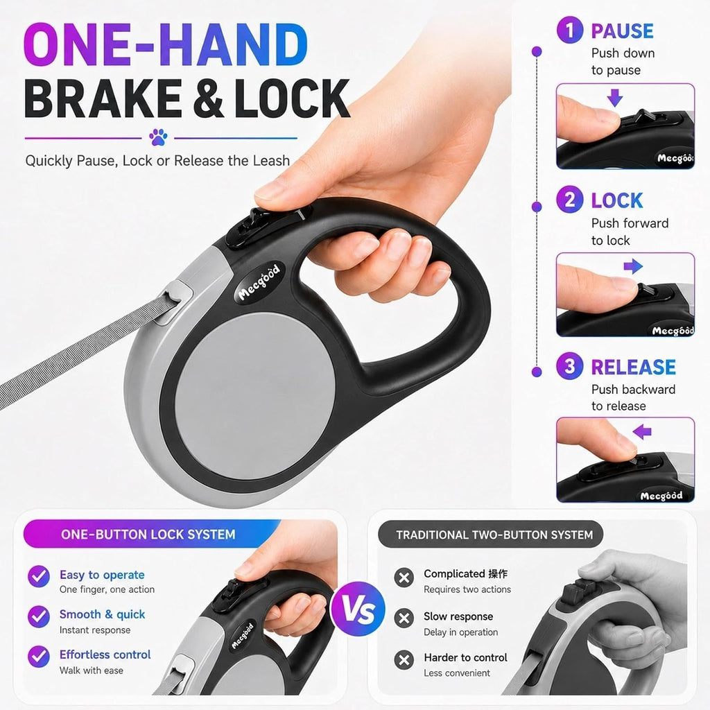 Meegood retractable dog leash held in hand showing non-slip grip