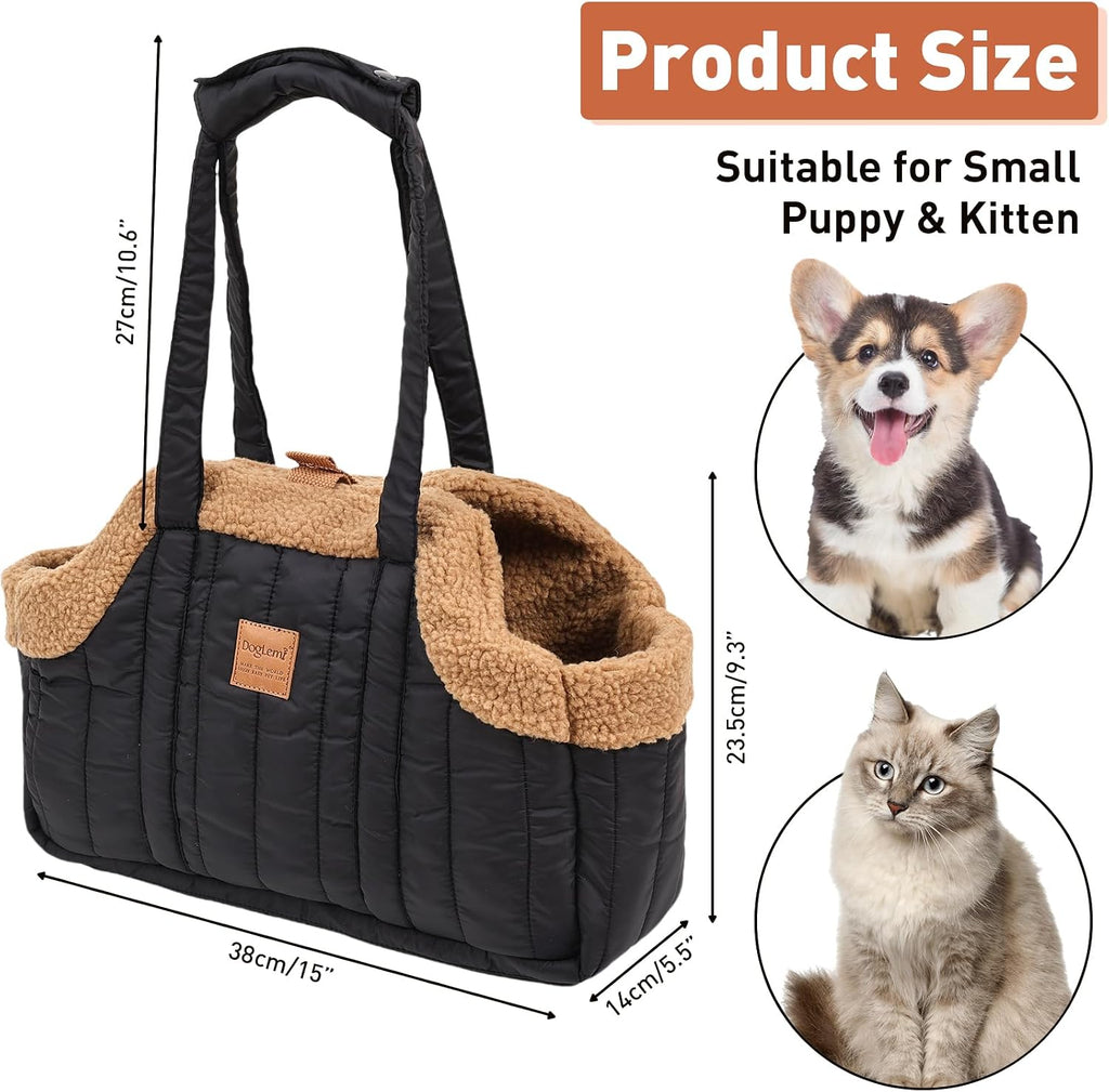 ETIAL Small Dog Carrier Purse, Winter Fleece Warm Dog Tote Bag Carrier with Secure Harness Clip for Puppy Kitten, Waterproof Pet Travel Handbag for Shopping, Hiking and Walking (Black) - Image 2