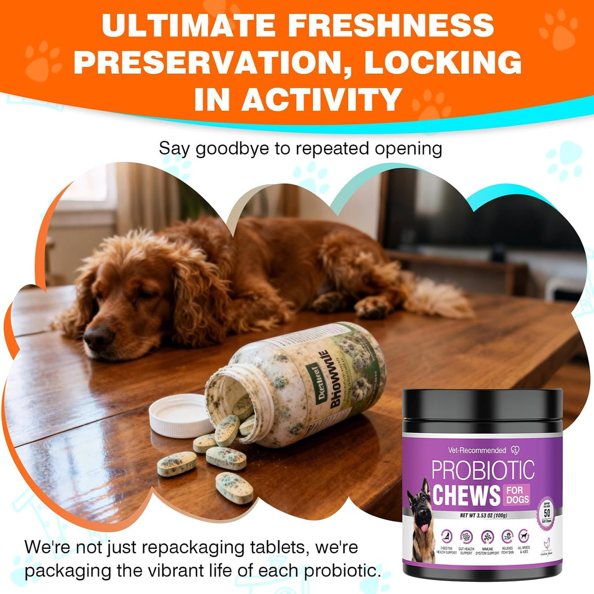 USA sourced canine gut health supplement bottle highlighting digestive system support benefits