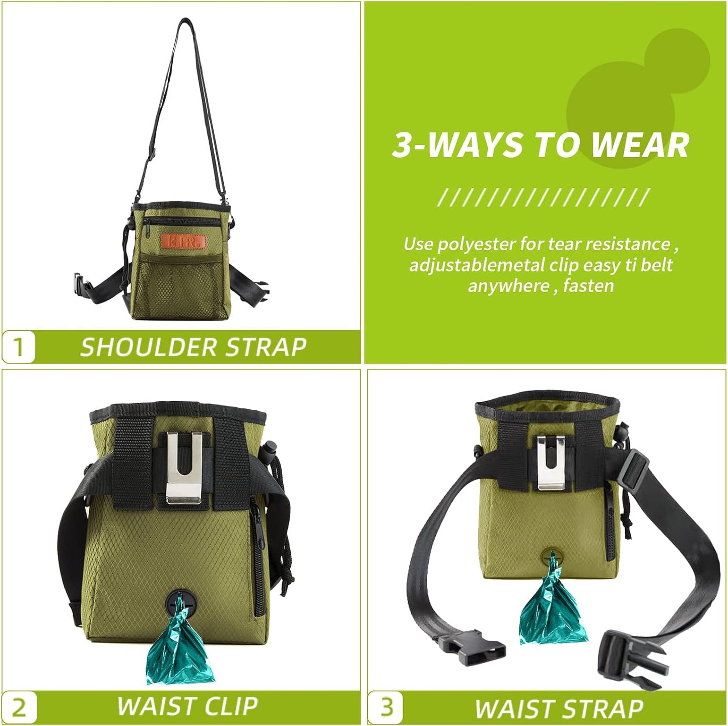 KHPR dog walking pouch illustrating three ways to wear options