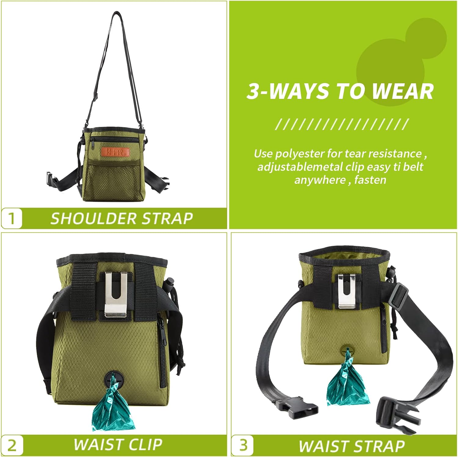 KHPR dog walking pouch illustrating three ways to wear options